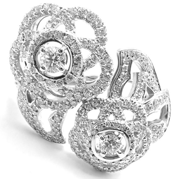 Authentic! Chanel Camellia Two Flower 18k White Gold Diamond Ring - Picture 3 of 12